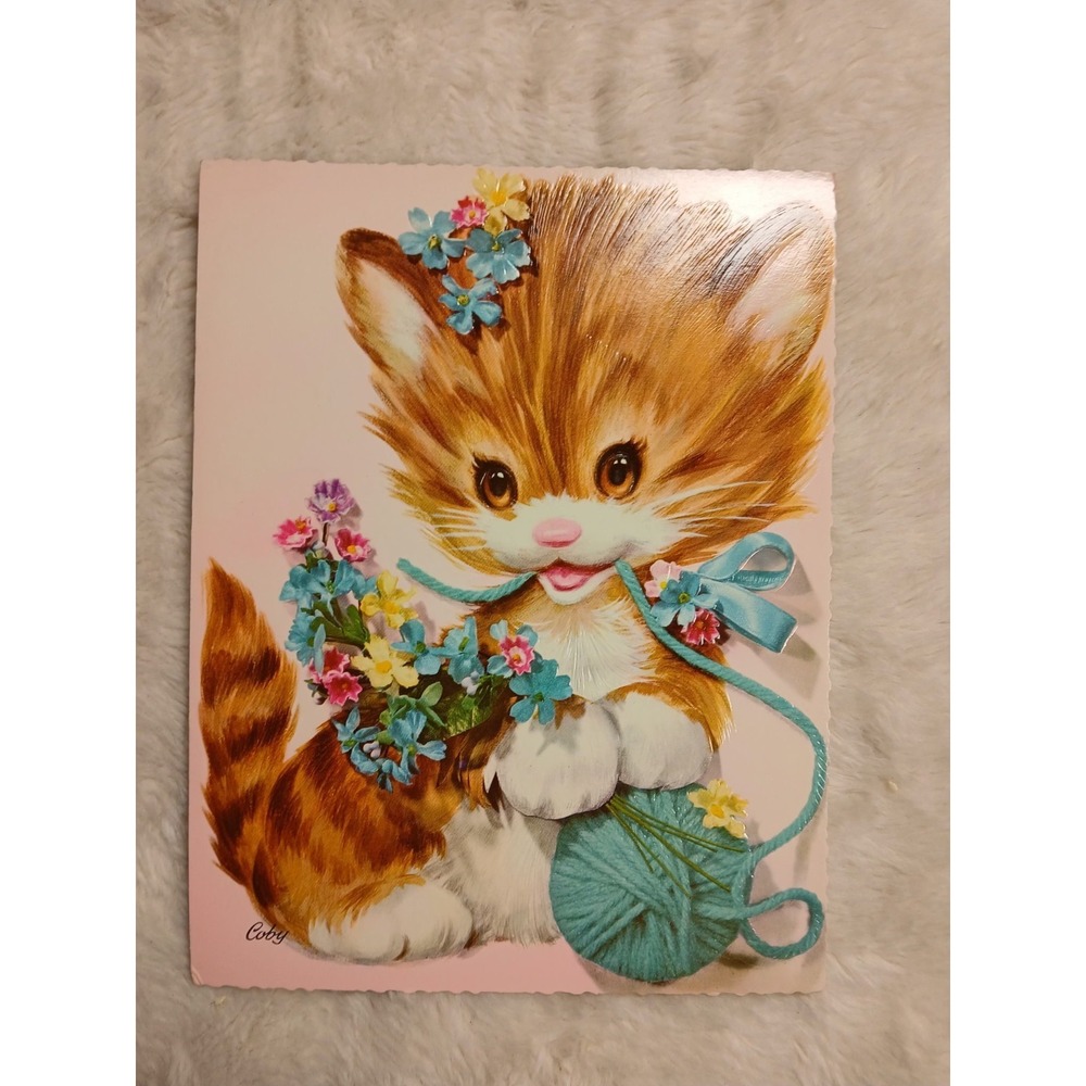 Vintage Coby‎ Greeting Card Large Cute Kitty Birthday Beautiful Condition Retro